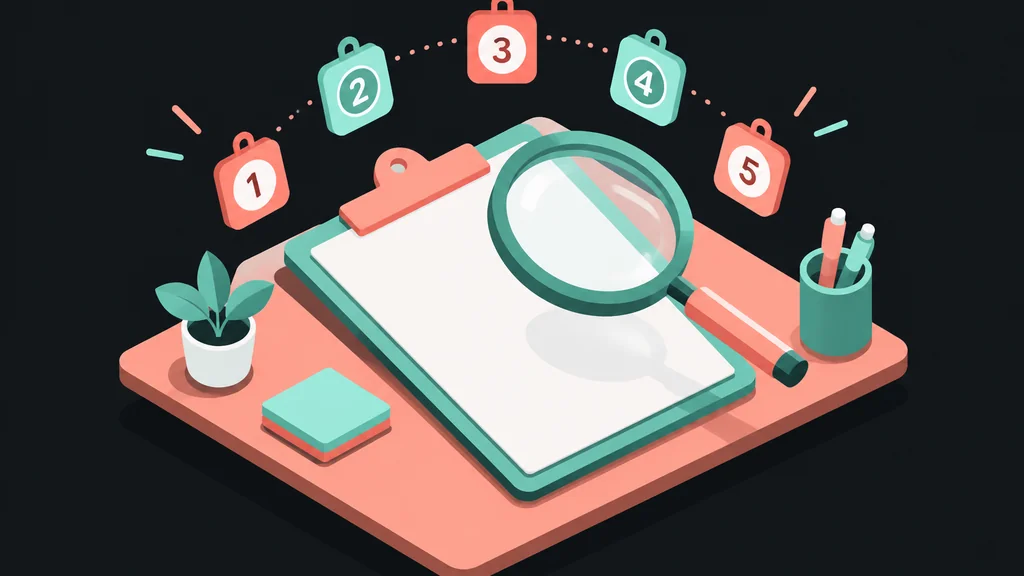 Isometric desk with clipboard and magnifying glass