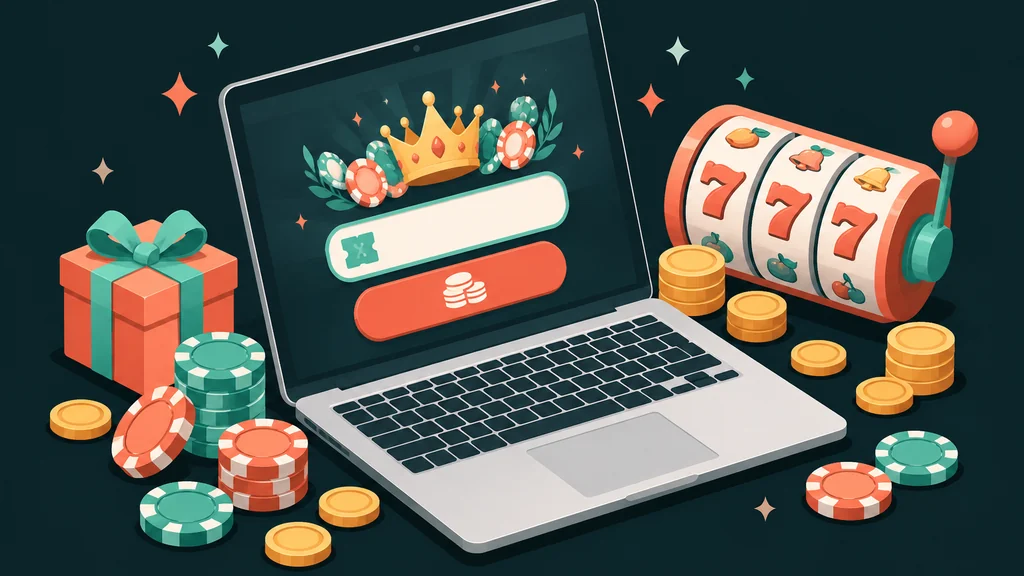 Isometric casino welcome page with laptop and coins