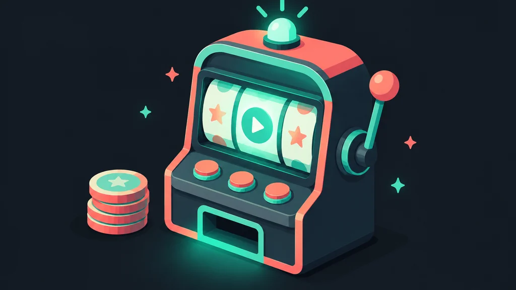 Isometric demo slot machine glowing beside an untouched coin stack