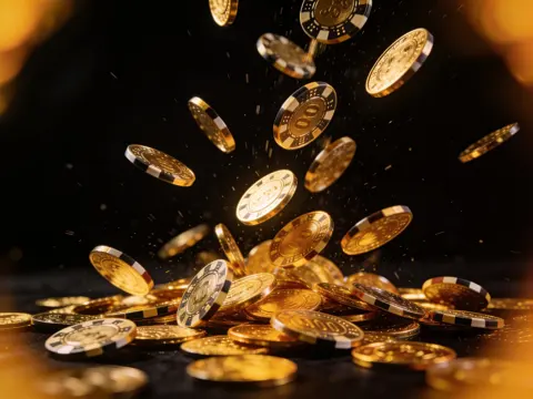 Golden chips falling against a dark background