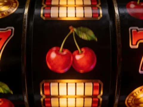 Illuminated slot reel symbols on a dark screen