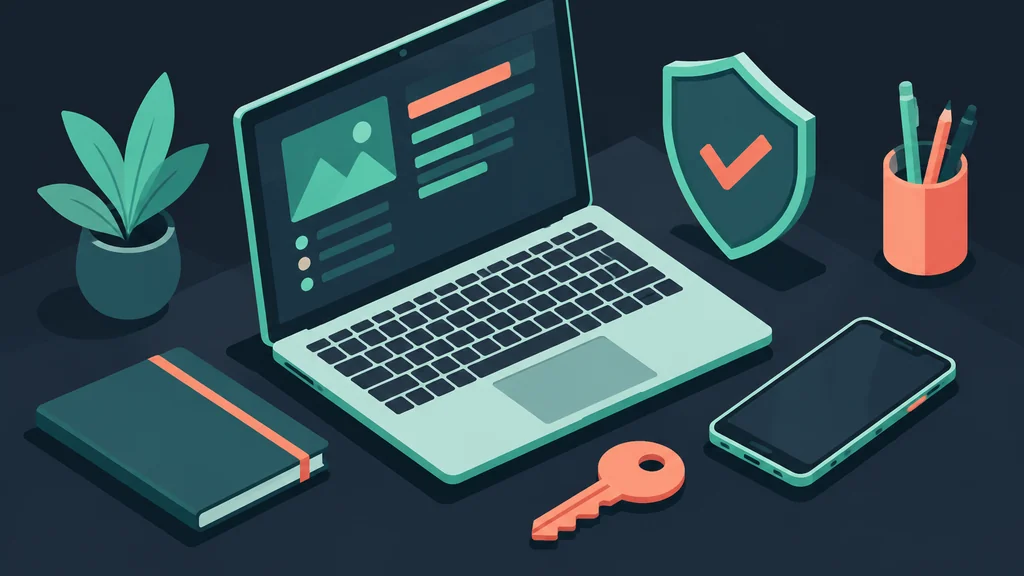 Isometric desk with laptop, phone, and security icons
